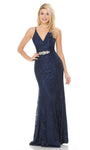 V-neck Floor Length Natural Waistline Sleeveless Lace Fitted Sheath Sheath Dress/Evening Dress