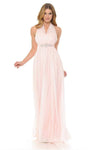 Sophisticated Floor Length Sleeveless Flowy Ruched Sheath Natural Waistline Halter Sheath Dress/Evening Dress