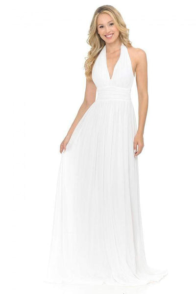 A-line Halter Plunging Neck Fitted Ruched Natural Waistline Sleeveless Floor Length Bridesmaid Dress