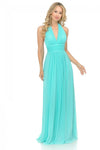 A-line Sleeveless Ruched Fitted Halter Plunging Neck Natural Waistline Floor Length Bridesmaid Dress