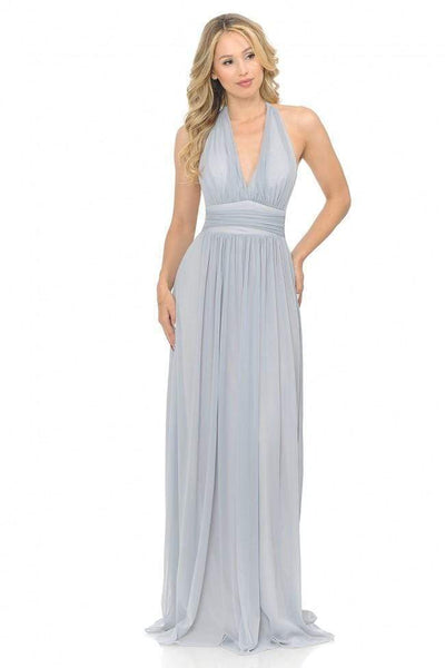 A-line Fitted Ruched Halter Plunging Neck Natural Waistline Floor Length Sleeveless Bridesmaid Dress