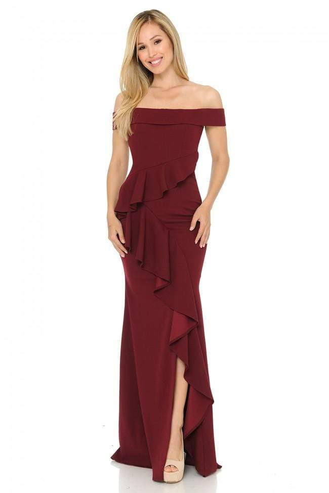 Lenovia - 5207 Off Shoulder Ruffle Drape Gown with Front Slit
