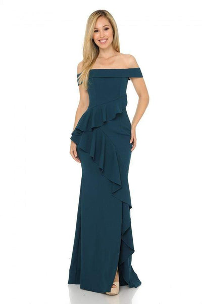 Sophisticated Floor Length Natural Waistline Sheath Off the Shoulder Back Zipper Slit Fitted Asymmetric Open-Back Sheath Dress/Evening Dress/Party Dress With Ruffles