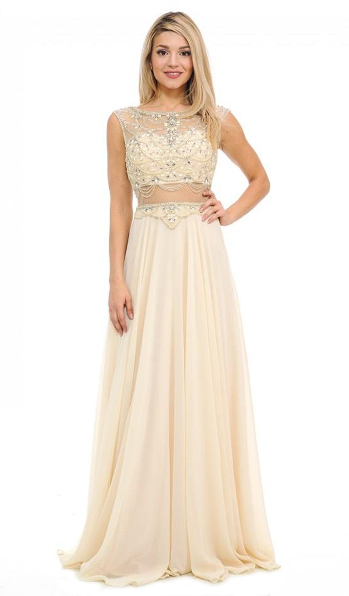 Lenovia - 8121 Crystal Beaded Illusion Bateau Chiffon A-line Dress
