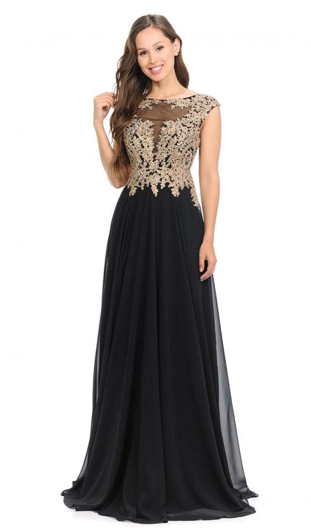 Lenovia - 8123 Cap Sleeve Applique Embroidered Chiffon Long Gown
