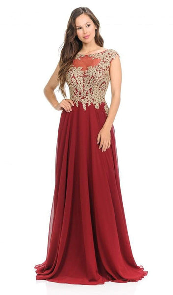 Sophisticated A-line Floor Length Open-Back Applique Embroidered Illusion Goddess Sheer Back Zipper Natural Waistline Cap Sleeves Bateau Neck Notched Collar Plunging Neck Dress with a Brush/Sweep Trai