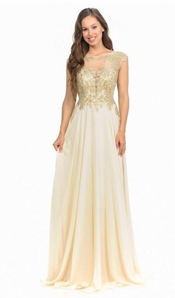 Sophisticated A-line Bateau Neck Notched Collar Plunging Neck Applique Sheer Illusion Open-Back Embroidered Goddess Back Zipper Natural Waistline Cap Sleeves Floor Length Dress with a Brush/Sweep Trai