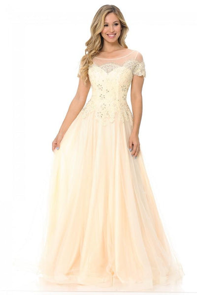A-line Floor Length Lace Bateau Neck Natural Waistline Fitted Beaded Sheer Short Sleeves Sleeves Evening Dress/Prom Dress