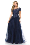 A-line Fitted Sheer Beaded Bateau Neck Natural Waistline Short Sleeves Sleeves Floor Length Lace Evening Dress/Prom Dress