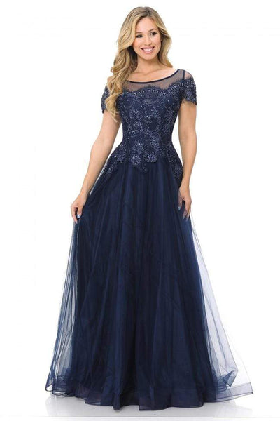 A-line Lace Natural Waistline Floor Length Sheer Beaded Fitted Bateau Neck Short Sleeves Sleeves Evening Dress/Prom Dress