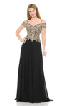 A-line Natural Waistline Off the Shoulder Fitted Embroidered Flowy Chiffon Dress