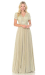 A-line V-neck Floor Length Short Sleeves Sleeves Embroidered Fitted Natural Waistline Party Dress