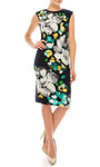 Floral Print Sheath Back Zipper Fitted Jeweled Jeweled Neck Cap Sleeves Natural Waistline Cocktail Above the Knee Sheath Dress