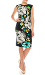 Jeweled Neck Cocktail Above the Knee Cap Sleeves Natural Waistline Floral Print Sheath Fitted Jeweled Back Zipper Sheath Dress