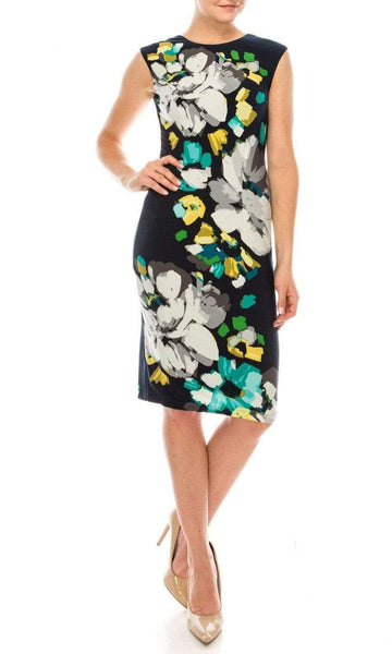 Natural Waistline Cap Sleeves Floral Print Jeweled Fitted Back Zipper Cocktail Above the Knee Jeweled Neck Sheath Sheath Dress