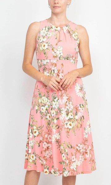 A-line Hidden Back Zipper Keyhole Empire Waistline Sleeveless Floral Print Above the Knee Jeweled Neck Dress