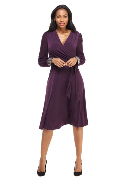 Sophisticated A-line V-neck Long Puff Sleeves Sleeves Natural Waistline Cocktail Above the Knee Tea Length Beaded Faux Wrap Back Zipper Dress