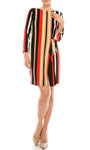 Sophisticated Natural Waistline Self Tie Shift Sheath Short Long Sleeves Jeweled Neck Vertical Stripe Print Sheath Dress