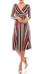 A-line V-neck Cocktail Below the Knee Tea Length Jersey 3/4 Sleeves Striped Print Empire Waistline Ruched Fitted Back Zipper Dress
