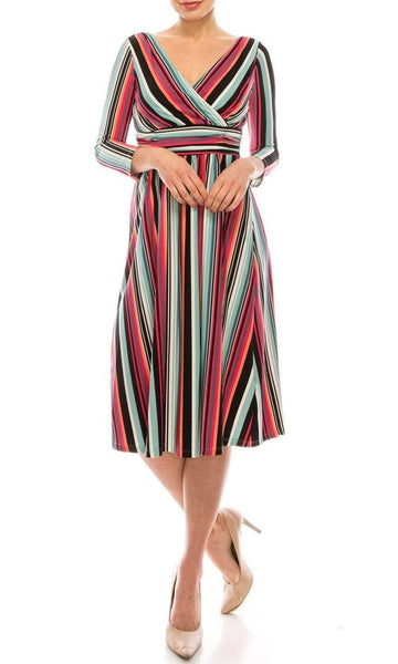 A-line V-neck Cocktail Below the Knee Tea Length 3/4 Sleeves Back Zipper Fitted Ruched Empire Waistline Striped Print Jersey Dress