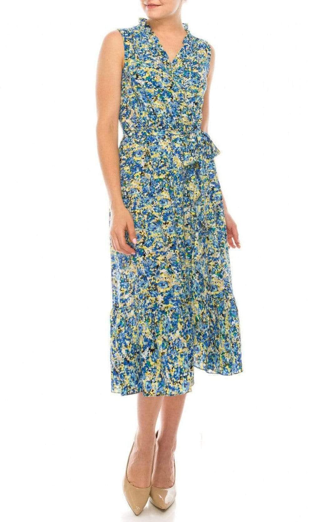 London Times - T5325M V Neck Floral A-Line Dress
