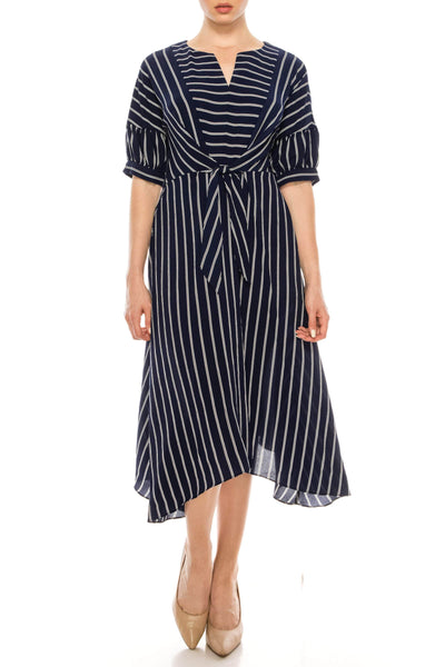 A-line V-neck Striped Print Bubble Dress Puff Sleeves Sleeves Asymmetric Gathered Flowy Cocktail Short Tea Length Natural Waistline Evening Dress/Mother-of-the-Bride Dress/Prom Dress With a Ribbon