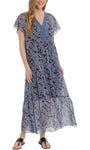 A-line V-neck Natural Waistline Flutter Short Sleeves Sleeves Flowy Tiered Ankle Length Paisley Dots Print Fall Maxi Dress