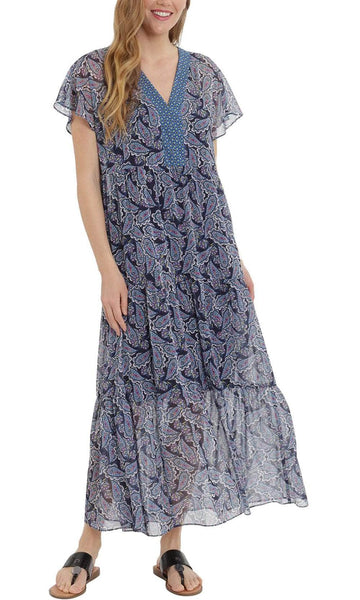 A-line V-neck Ankle Length Natural Waistline Flutter Short Sleeves Sleeves Paisley Dots Print Fall Flowy Tiered Maxi Dress