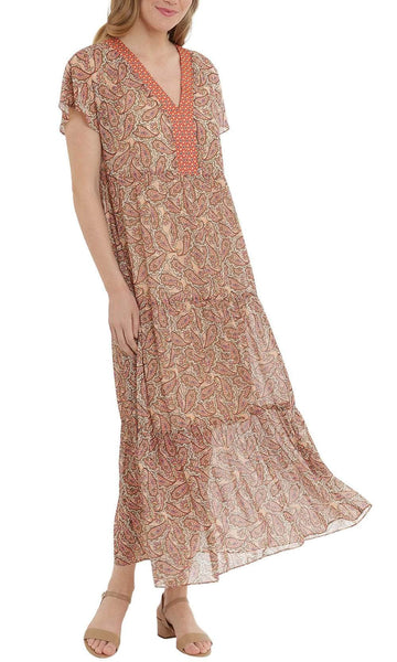 A-line V-neck Tiered Flowy Natural Waistline Ankle Length Paisley Dots Print Flutter Short Sleeves Sleeves Fall Maxi Dress