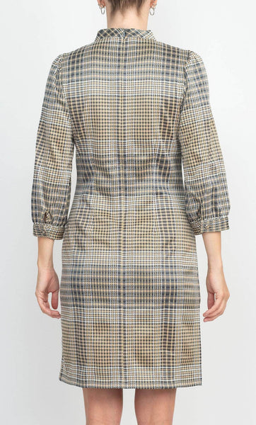 Sophisticated Modest Button Closure Short Sheath Checkered Print Bishop Long Sleeves Natural Waistline Sheath Dress