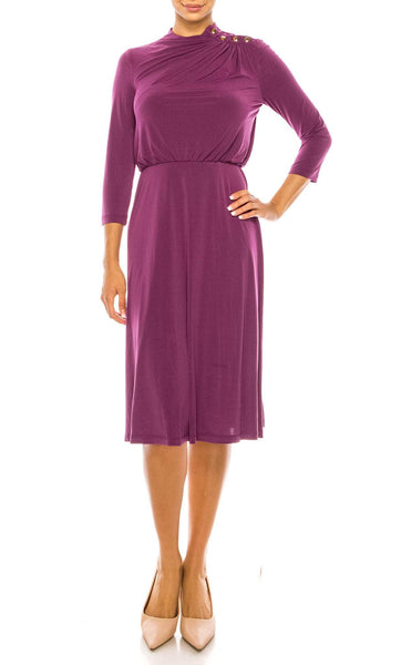 A-line Natural Waistline High-Neck Above the Knee Ruched Back Zipper Gathered Flowy Long Sleeves Dress