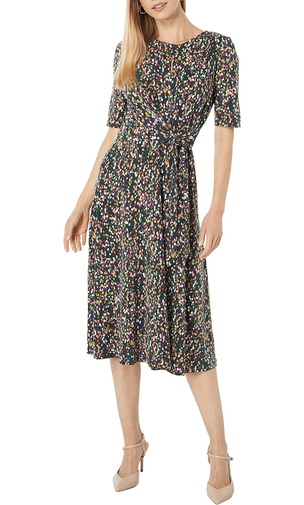 A-line Short Sleeves Elbow Length Sleeves Polka Dots Print Flowy Gathered Natural Waistline Tea Length Jeweled Neck Round Neck Midi Dress