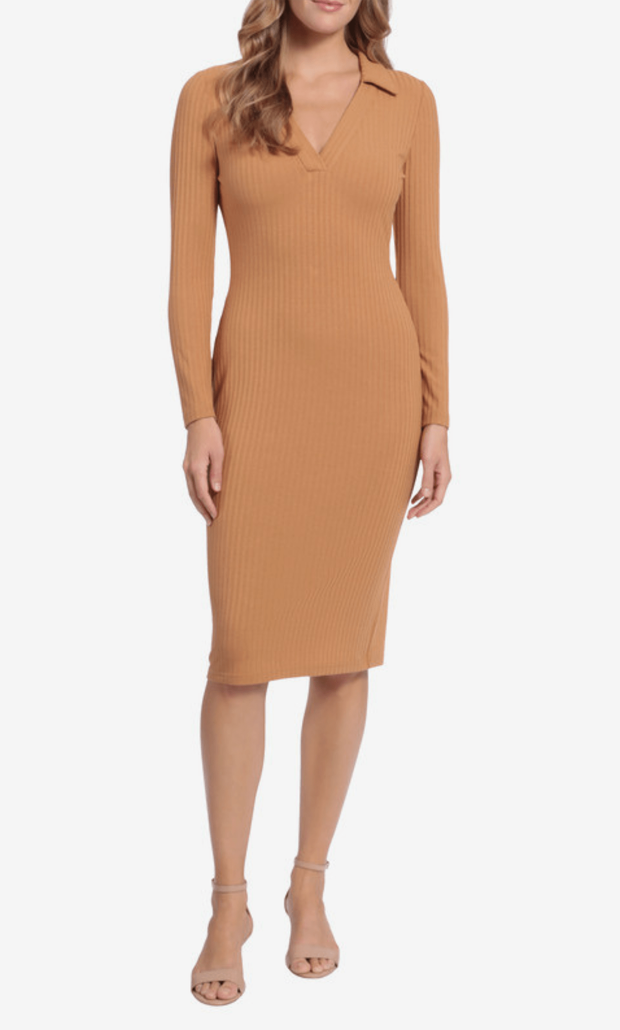 V-neck Fitted Long Sleeves Tea Length Natural Waistline Sheath Collared Bodycon Dress/Sheath Dress