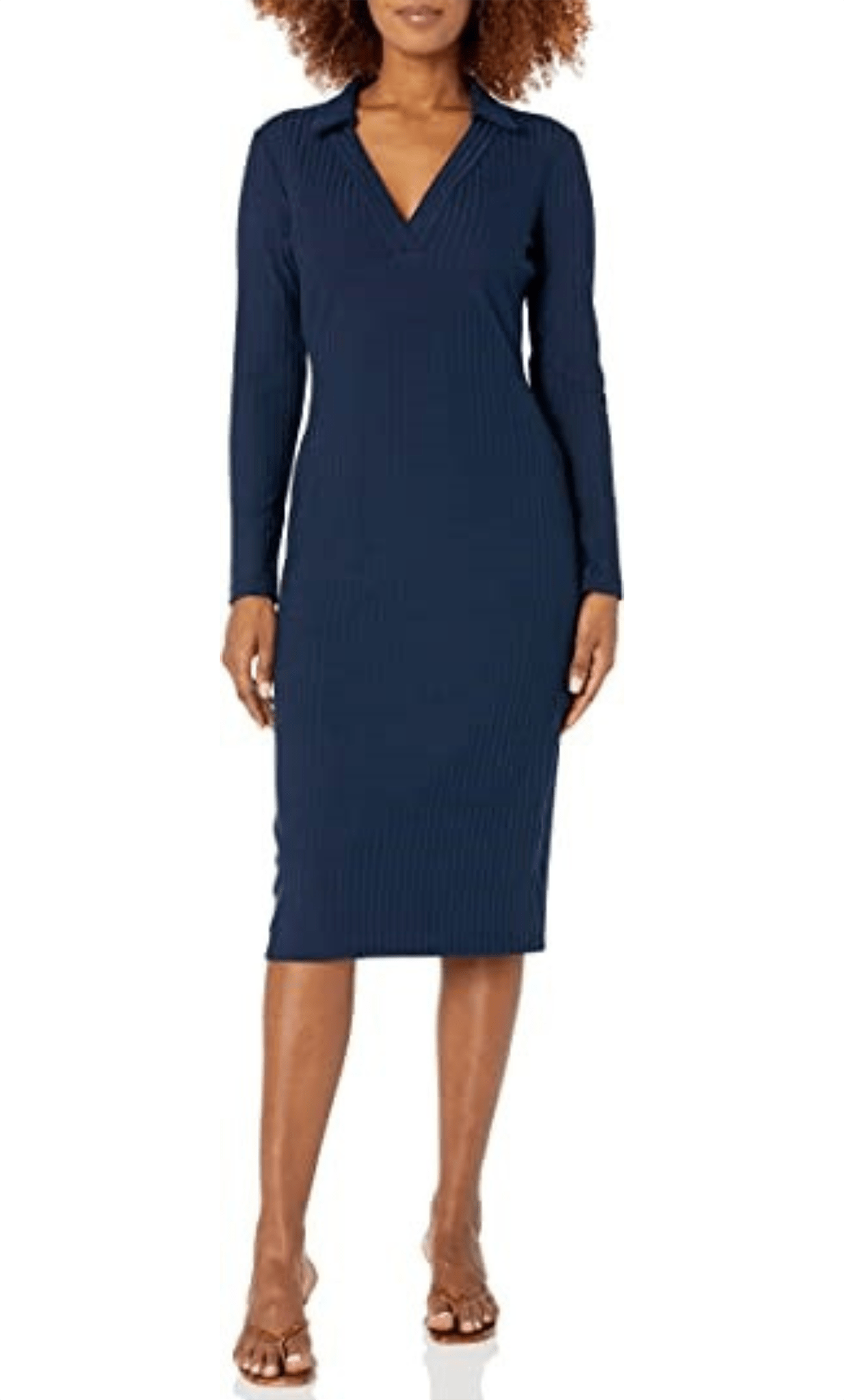 V-neck Natural Waistline Fitted Long Sleeves Sheath Collared Tea Length Bodycon Dress/Sheath Dress