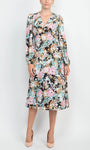 A-line V-neck Above the Knee Tea Length Floral Print Back Zipper Bishop Long Sleeves Empire Natural Waistline Polyester Evening Dress