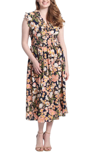 Sophisticated A-line V-neck Flowy Floral Print Sleeveless Natural Waistline Bubble Dress Tea Length Pageant Dress/Prom Dress/Midi Dress With Ruffles