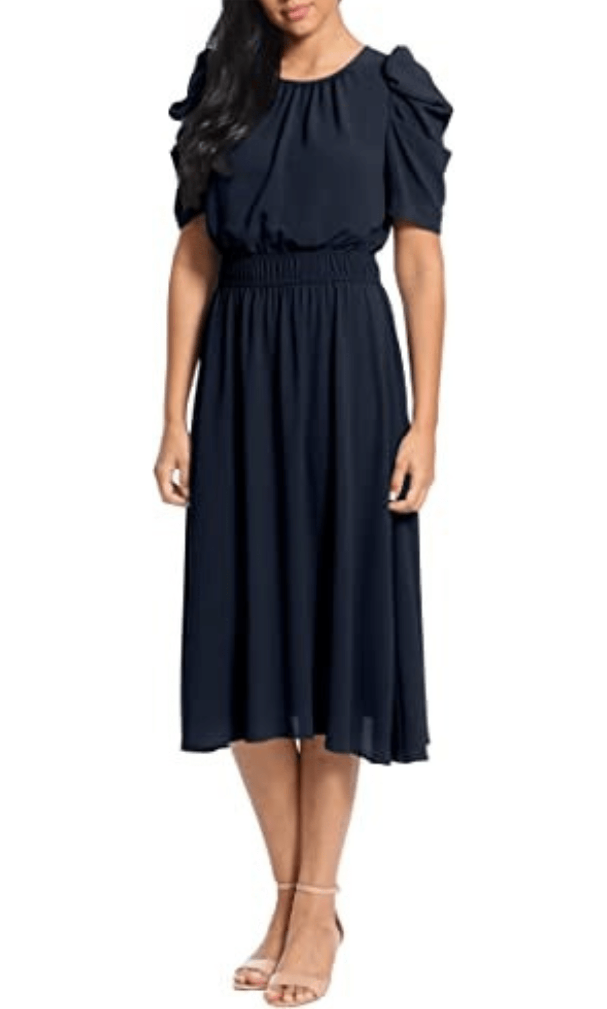 Sophisticated A-line Puff Sleeves Elbow Length Sleeves Above the Knee Jeweled Neck Smocked Fall Elasticized Natural Waistline Bubble Dress Jeweled Flowy Back Zipper Loose Fit