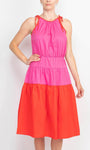 A-line Natural Waistline Two-Toned Print Sleeveless Halter Above the Knee Ruched Jeweled Button Closure Tiered Dress