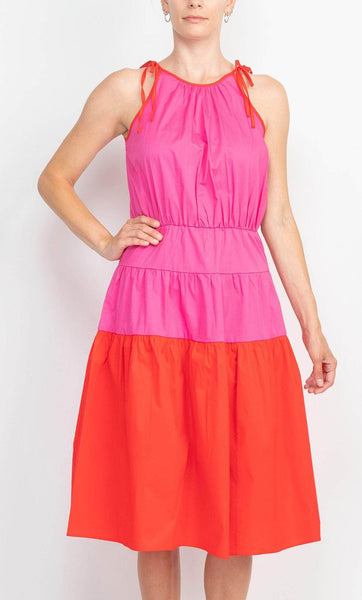 A-line Halter Tiered Jeweled Ruched Button Closure Natural Waistline Above the Knee Sleeveless Two-Toned Print Dress