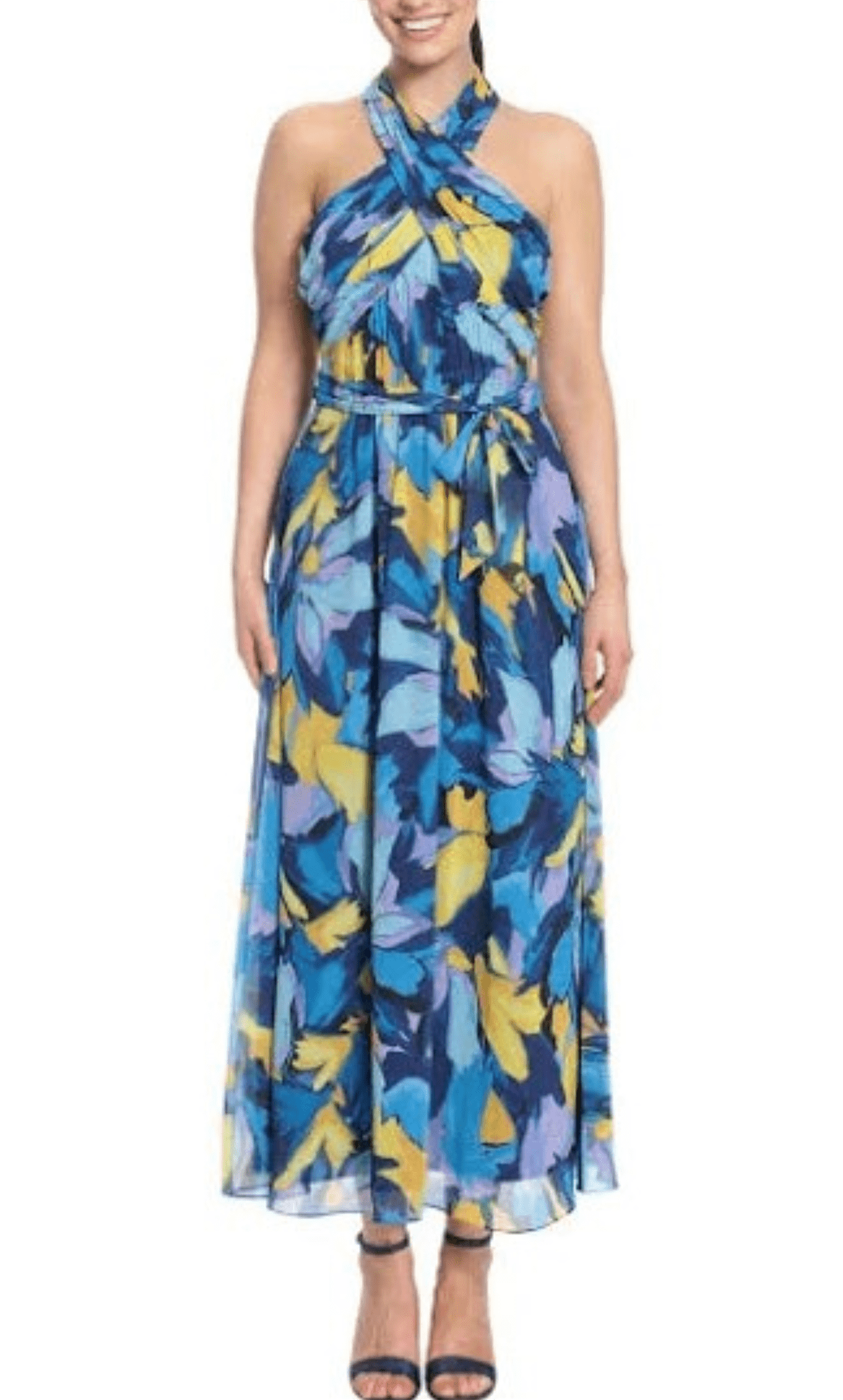 A-line Halter Sleeveless Floral Print Belted Back Zipper Racerback Ruched Natural Waistline Fall Maxi Dress With a Sash