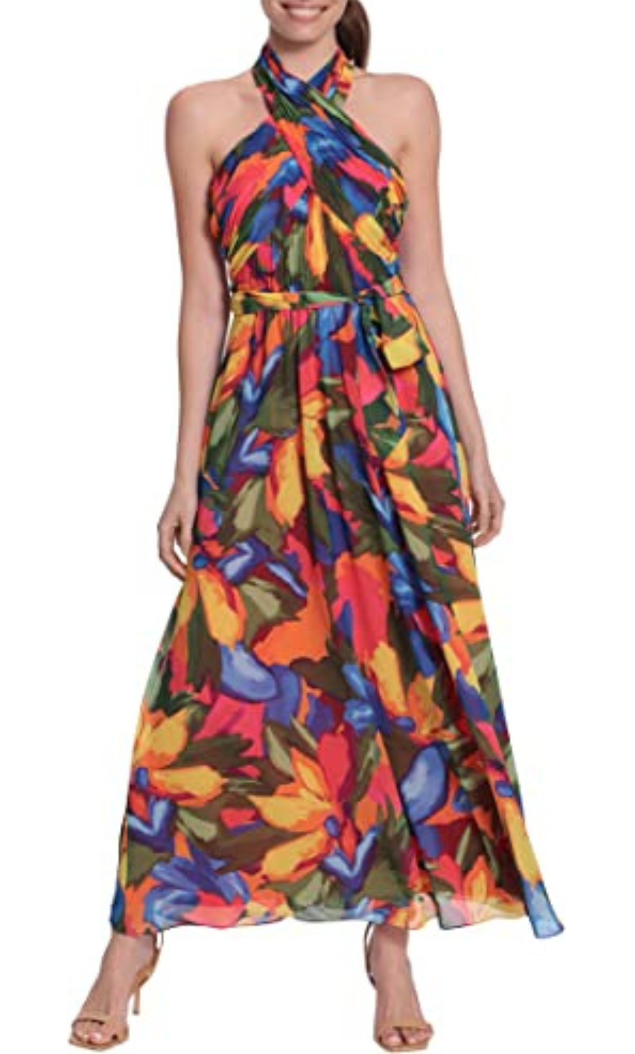 A-line Sleeveless Fall Natural Waistline Belted Racerback Back Zipper Ruched Halter Floral Print Maxi Dress With a Sash