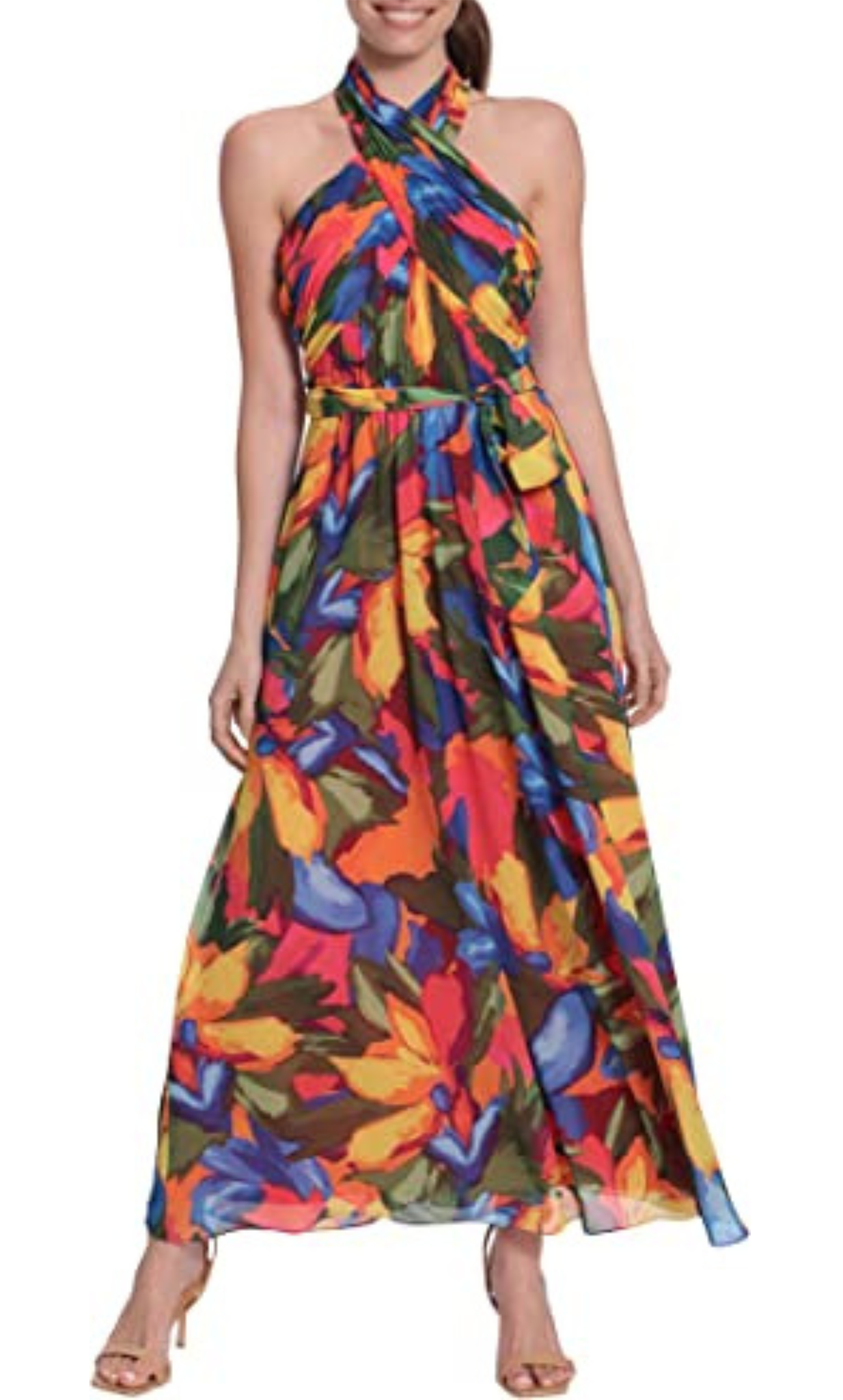 A-line Fall Floral Print Halter Sleeveless Natural Waistline Back Zipper Racerback Ruched Belted Maxi Dress With a Sash