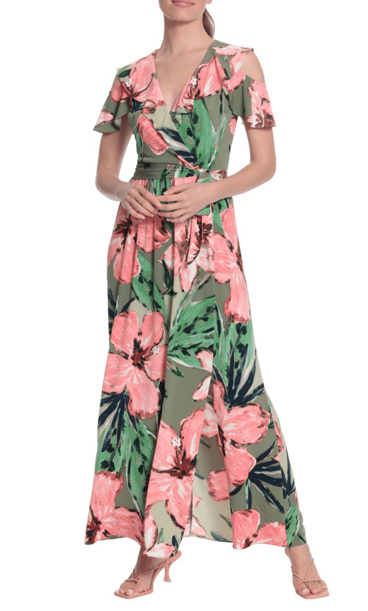 A-line V-neck Floral Print Belted Slit Hidden Back Zipper Natural Tie Waist Waistline Fall Cold Shoulder Short Sleeves Sleeves Maxi Dress With Ruffles