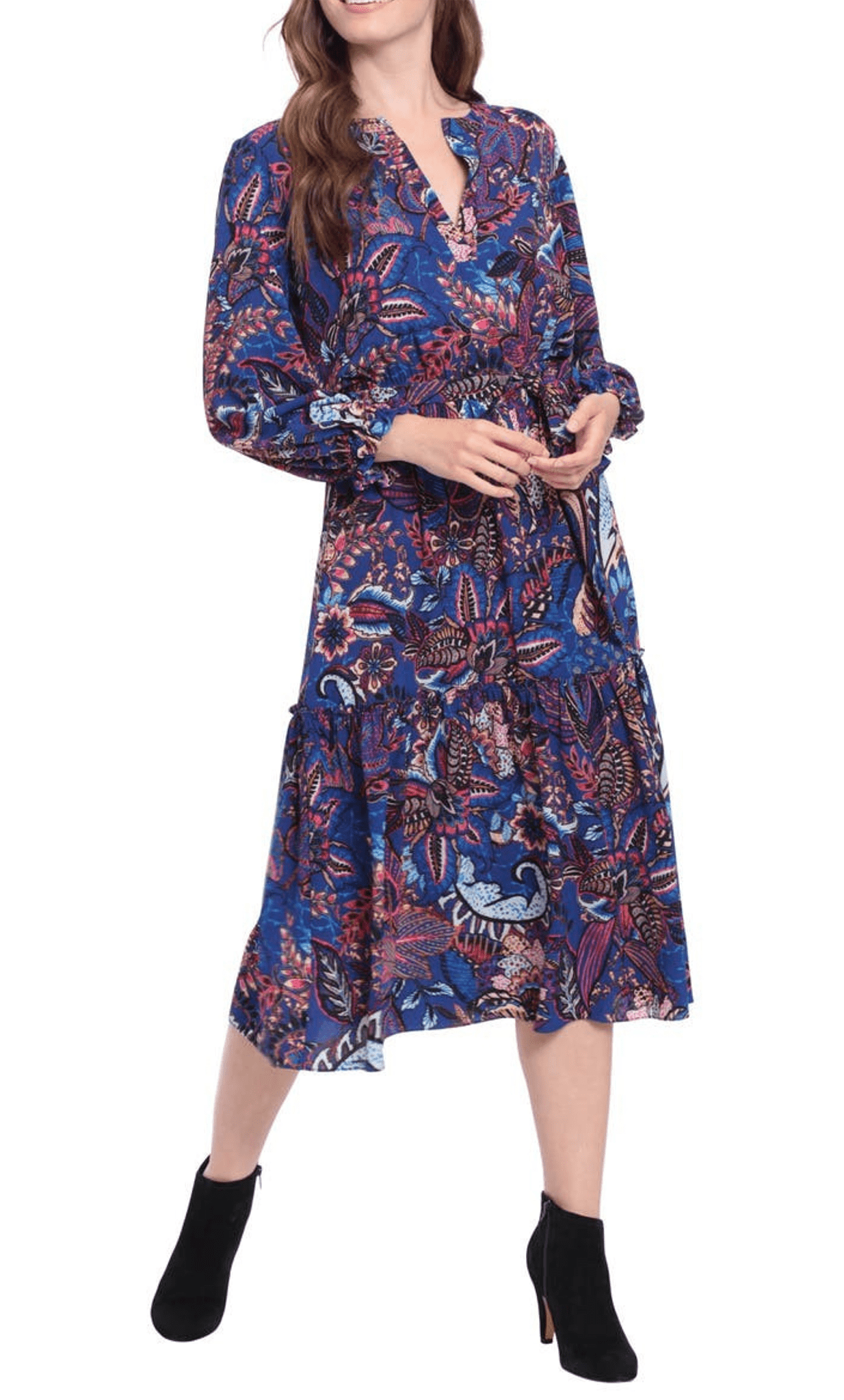 A-line V-neck Tea Length General Print Bishop Sleeves Flowy Tiered Belted Elasticized Natural Waistline Bubble Dress Midi Dress With a Sash