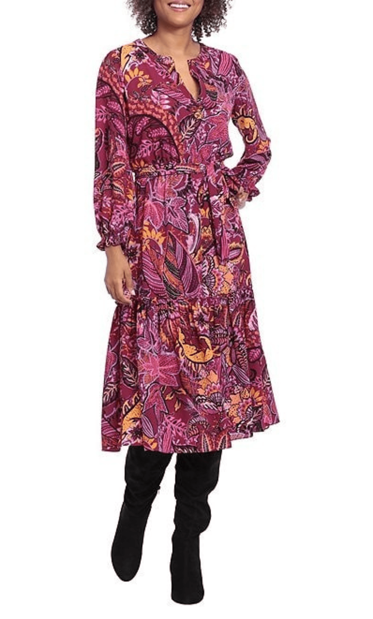 A-line V-neck Flowy Tiered Belted General Print Elasticized Natural Waistline Bubble Dress Bishop Sleeves Tea Length Midi Dress With a Sash