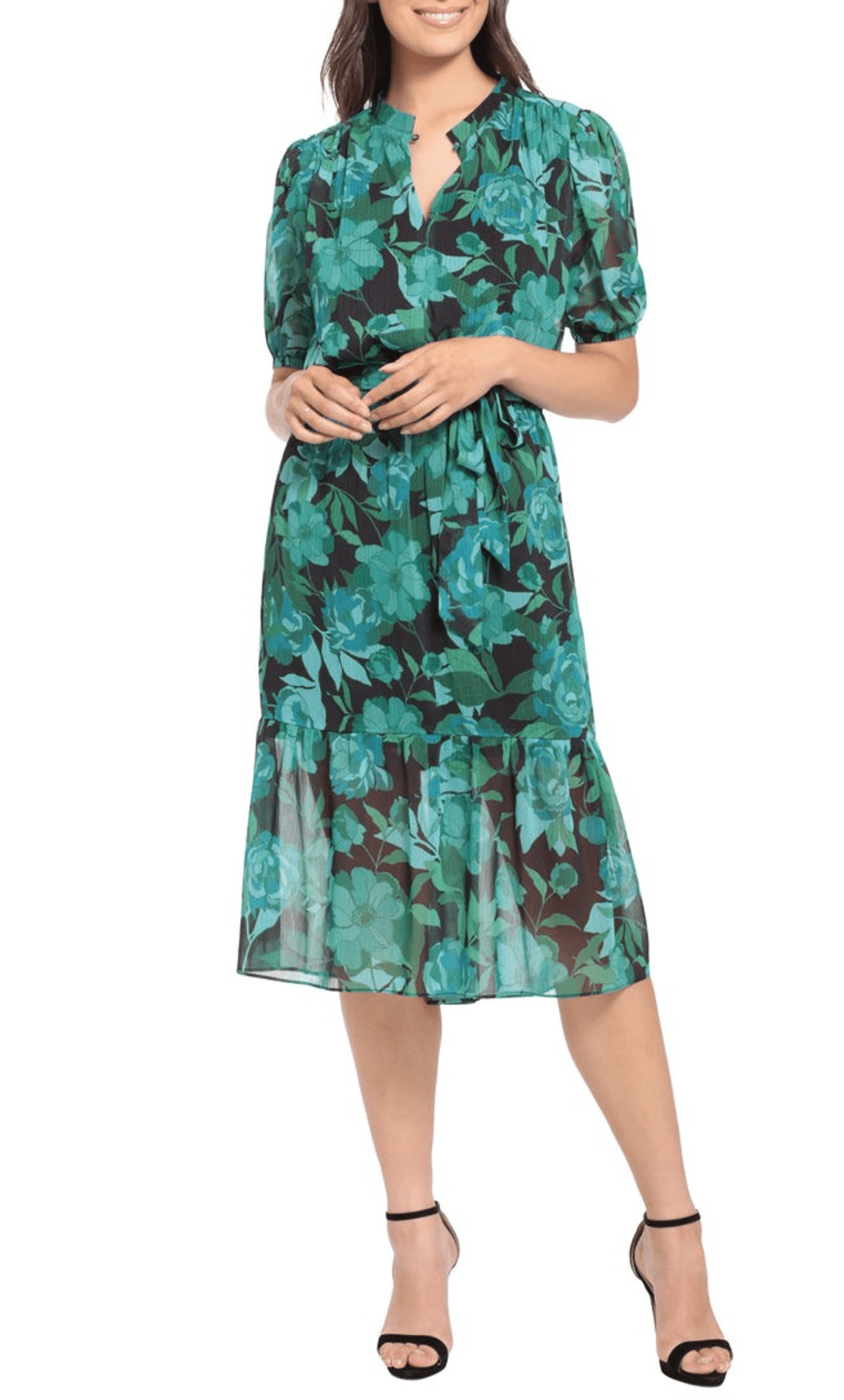 A-line V-neck Natural Waistline Tiered Vintage Hidden Back Zipper Crinkled Winter Puff Sleeves Elbow Length Sleeves Mock Neck Floral Print Tea Length Midi Dress With Ruffles