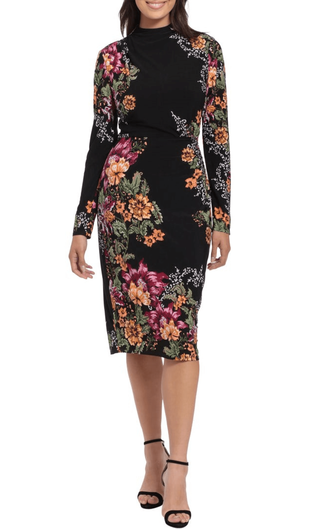 Modest Floral Print Illusion Fitted Slit Back Zipper Long Sleeves Sheath Jeweled Neck High-Neck Natural Waistline Above the Knee Bodycon Dress/Sheath Dress/Evening Dress