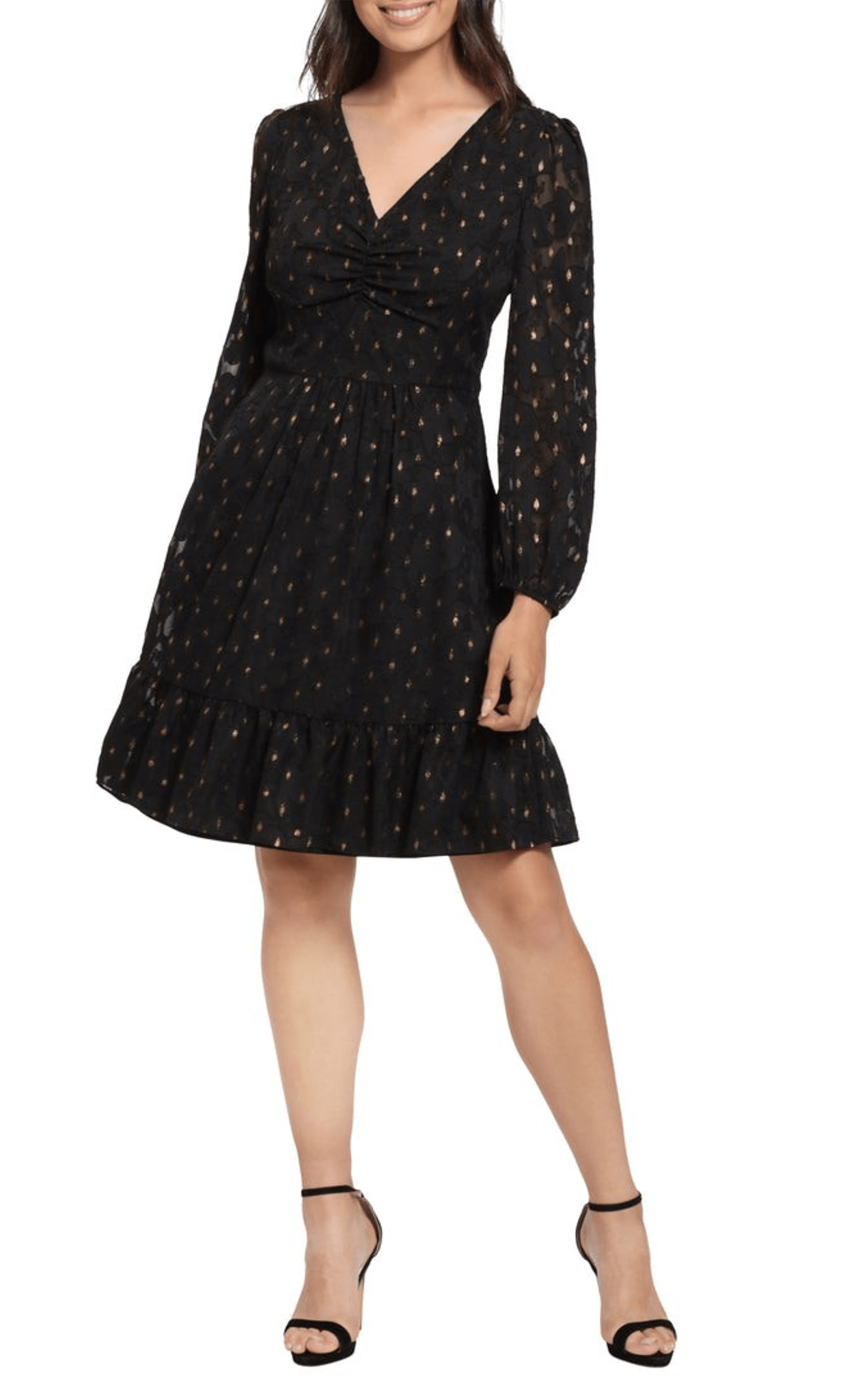 Sophisticated A-line V-neck Above the Knee Polka Dots Print Bishop Long Sleeves Natural Waistline Flowy Pleated Fitted Back Zipper Dress With Ruffles