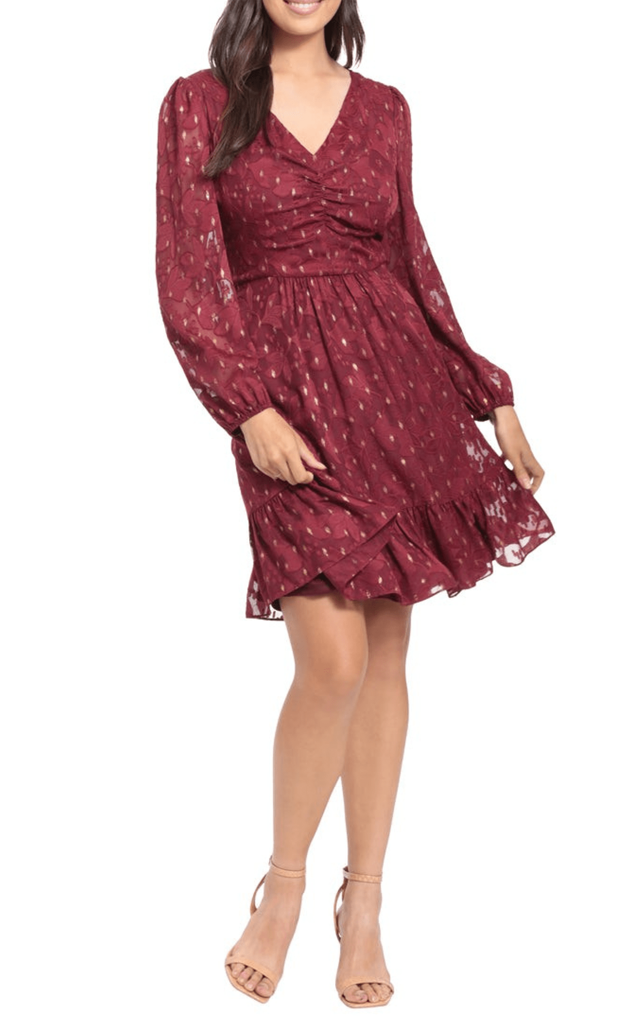 Sophisticated A-line V-neck Fitted Pleated Flowy Back Zipper Polka Dots Print Bishop Long Sleeves Above the Knee Natural Waistline Dress With Ruffles
