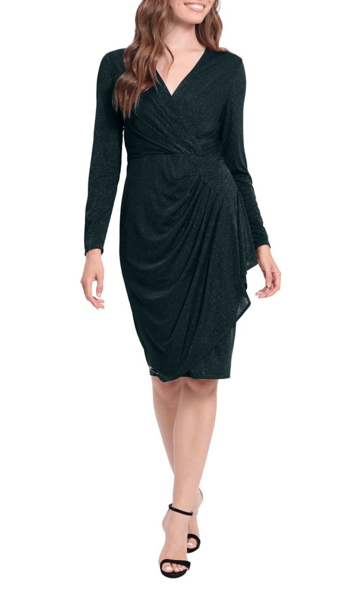 Sophisticated V-neck Elasticized Natural Waistline Sheath Above the Knee Long Sleeves Pleated Draped Back Zipper Fitted Faux Wrap Glittering Ruched Sheath Dress/Party Dress